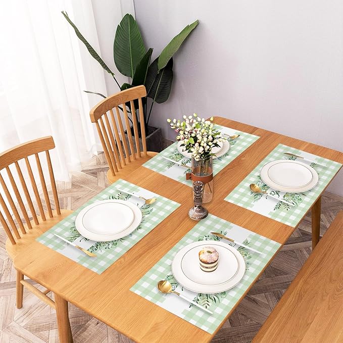AOFOTO Green Plaid Placemats Set of 4 Beautiful Spring Leaves Printed Place Mats Washable Rectangular Table Mats for Party Home Kitchen Restaurant Dining Table Decor 12x18 Inch