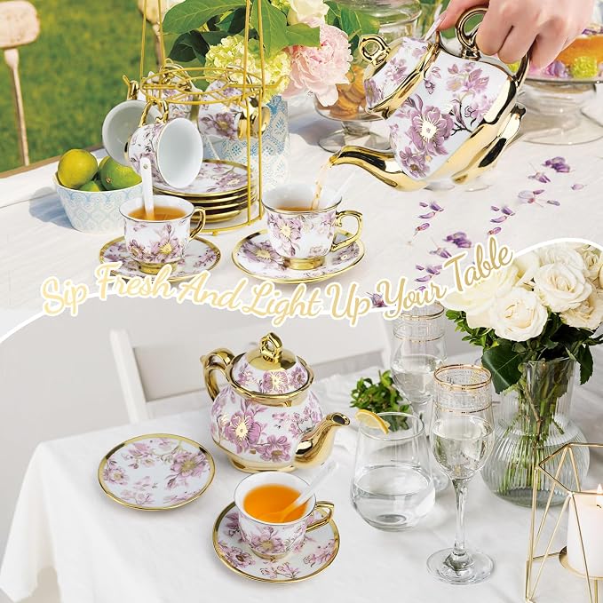 20 Pcs Porcelain Tea Set With Metal Holder, - Image 8