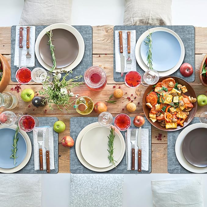 Placemats Set of 8 Washable, Heat Resistant Table Placemats Wipeable Faux Leather Place Mats Non Slip, Waterproof Square Table Mats for Indoor Outdoor, Light Blue