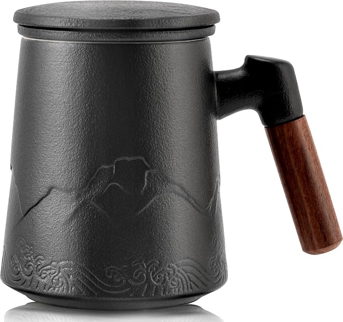 suyika Tea Cup with Infuser and Lid, 15.2 Ounce Wood Handle Ceramic Loose Leaf by suyika