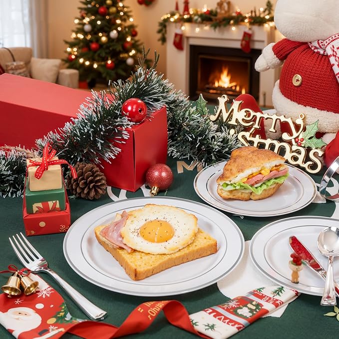 bUCLA 600pcs Silver Plastic Dinnerware Set for 100 Guests - Silver Christmas Dinnerware Set Disposable for Party - Include 100 Dinner Plates,100 Dessert Plates,100Cups,100 Knives,100 Forks,100 Spoons