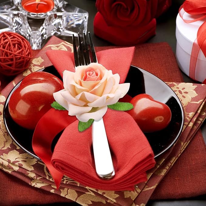 Honeydak 8 Set Valentine's Day Napkin Ring Rose Flower Metal Napkin Ring Designed with Rose Serviette Buckle for Valentine's Day Wedding Anniversary Party Dinner Table Decoration (Pink)