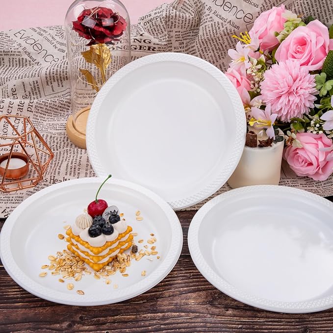 WELLIFE White Plastic Plates 9 Inch -150 Count for Party, Disposable Plastic Party Plates for Wedding Dinner Birthday Engagement
