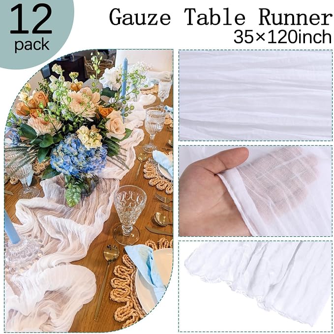 12 Pack White Cheesecloth Table Runner 35 x 120 Inch | Boho Gauze Fabric - Image 5