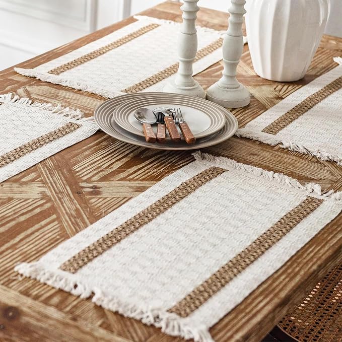 Boho Placemats Set of 8, 12x18 Inch Natural Cotton Burlap and Kitchen Woven - Image 6