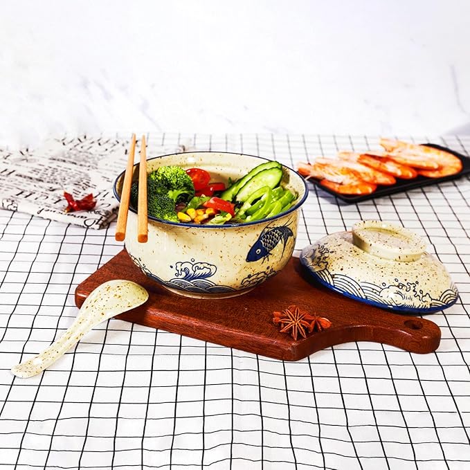 Ceramic Ramen Bowl Set, 800ml, with Lid, Spoon and Chopsticks, Japanese Vintage Large Soup Bowls Instant Noodle Bowl Asian Tableware (Fish*1)