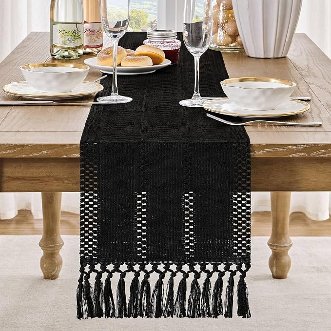 Macrame Style Boho Table Runner, 12x72 Inch Black | Woven Boho Table Runner - Image 2
