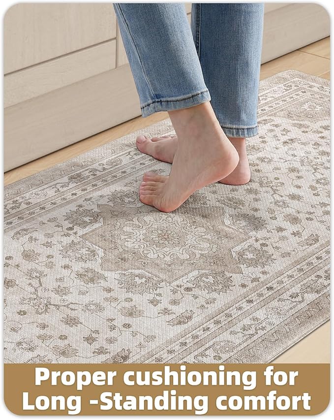 Color&Geometry Kitchen Floor Mats Anti Fatigue, Cushioned Boho Rugs,Waterproof Non Slip Kitchen Runner for Sink, Standing Mats for Office,24"x87",Beige