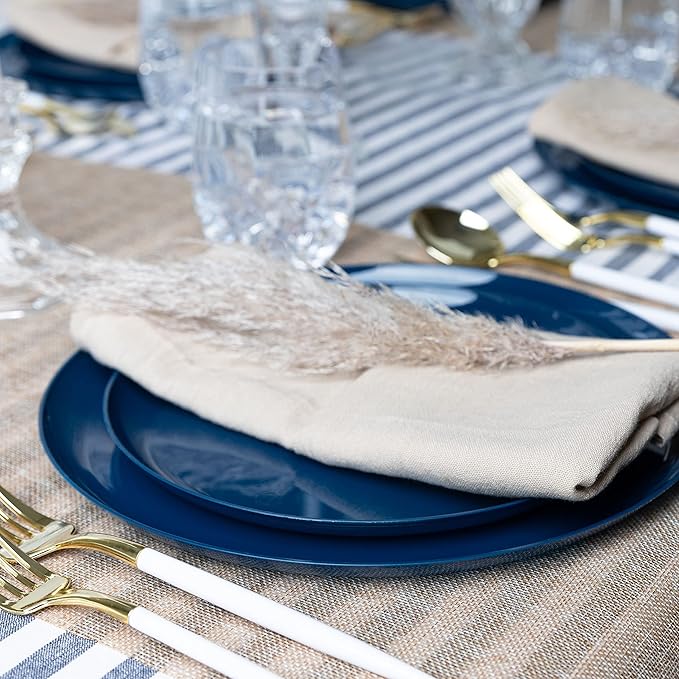 [30 Pack 10.7''] Dark Blue Plastic Party Plates Edge Collection Premium heavyweight Elegant Disposable Tableware Dishes