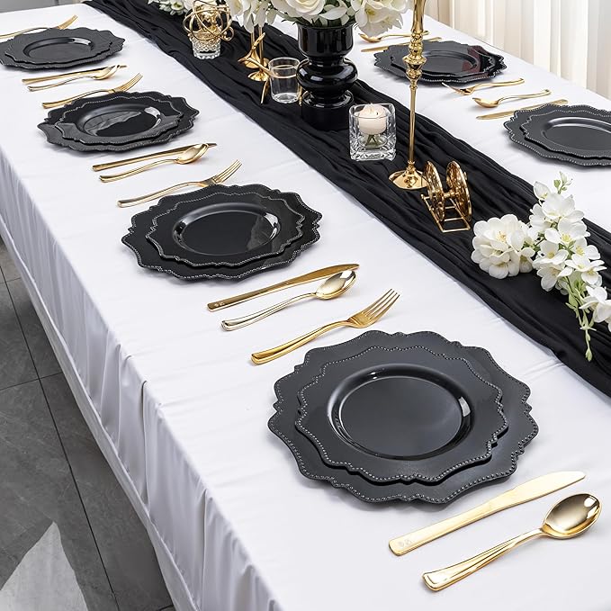 COLOSUS 100pcs Black Plastic Plates - Heavy Duty Black Plastic Plates Disposable for Party/wedding/New Year Include 50pcs Dinner Plates and 50pcs Dessert Plates.