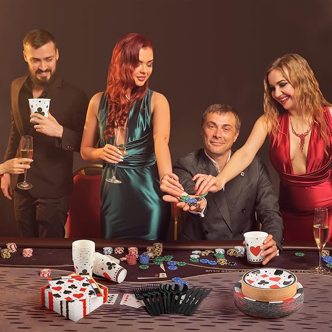 Kochorie 400 Pieces Casino Print Disposable Tableware Sets, Las Vegas Party Supplies Set with Plates Cups Napkins Cutlery Serves 50 for Birthday Poker Club Casino Theme Party Decorations