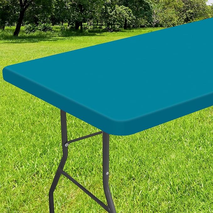 Smiry Rectangle Tablecloth, Elastic Fitted Flannel Backed Vinyl Tablecloths for 6ft Folding Tables, Waterproof Wipeable Table Covers for Indoor, Outdoor, Picnic and Camping (Turquoise, 30"x72")