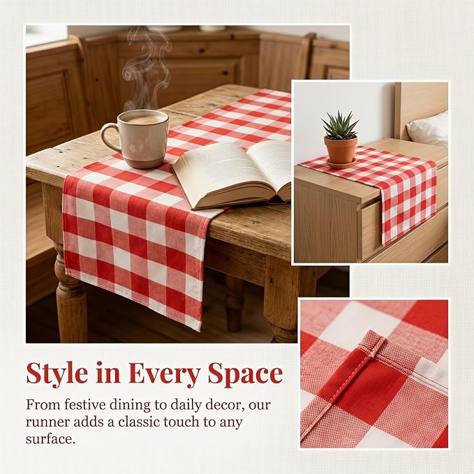 Table Runner 13''x108'' Red and White Gingham Cotton Buffalo Plaid Cover | Red - Image 3