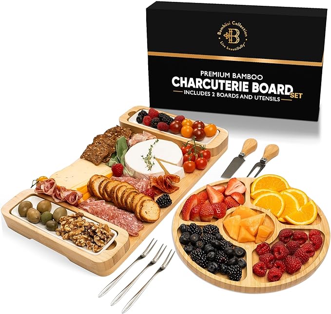 Charcuterie Boards - Bamboo Cheese Board Set with Serving Tray for Meat, Cheese, Crackers, Nuts and Fruits - House Warming Gifts for New Home, Wedding, Bridal Shower or Birthday Gifts for Women