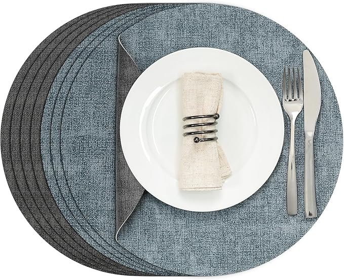 Myir JUN Round Placemats Dual Sided, Faux Leather Place Mats Set of 4 Indoor Placemats for Dining Table Outdoor Placemats Non-Slip Washable Table Mats (Set of 8, Gray Light Blue)