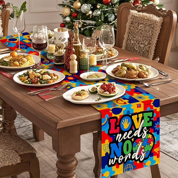 Autism Art Painting Burlap Table Runner Seasonal Spring Fall Kitchen Dining - Image 3