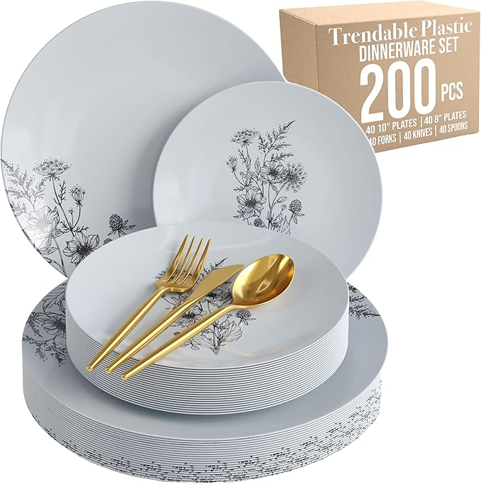 Trendables Fancy Plastic Dinnerware Sets 200 Pc 40 Guests Gold Silverware Disposable 40 X 10 Inch Charger Plates 40 X 8 Inch Dessert Plates 40 x Gold Plastic Forks and Spoons Knives In Dandelion Bloom