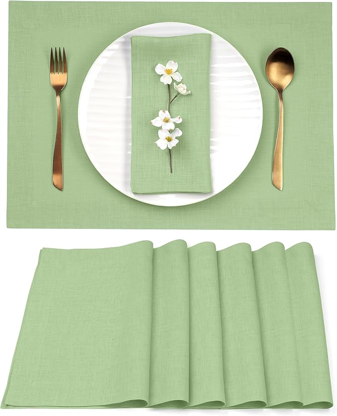 D'Moksha Homes Linen Placemats 14 x 19 Inch - Sage Green Placemats Set of 6-100% Pure Linen Table Place Mats for Spring, St Patricks Day, Easter - Handcrafted and Machine Washable