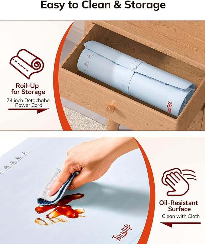 Electric Warming Mat for Food, Roll-Up Silicone Heating Pad with 7 Adjustable Tempmaster Levels, Foldable Warming Tray for Countertop,Buffet Party, Kitchen & Home, Child Lock, Light Blue