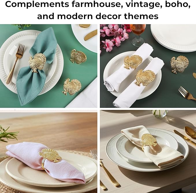 ALPHA Living HOME Turkey Napkin Rings Set of 12 for Thanksgiving Table Decor | Premium Metal Dinnerware Holders | Fall Harvest, Christmas & Holiday Banquet Accessories (Gold)