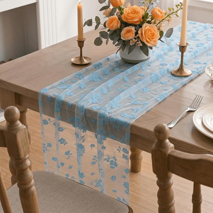 Artoid Mode Light Blue Gauze Flocking Flowers Table Runner 10FT, Spring Sheer - Image 5