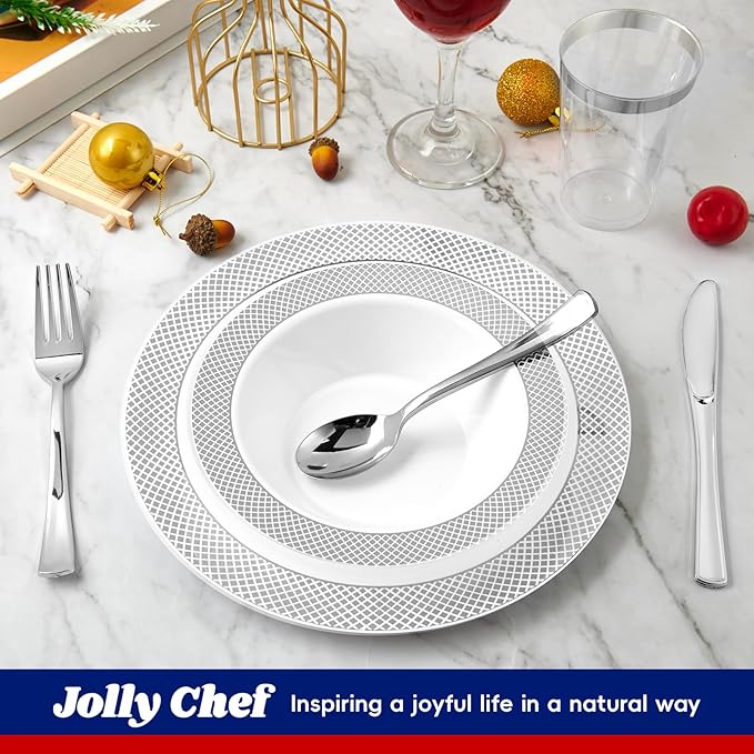 JOLLY CHEF 100 Pack Plastic Bowls with Silver Rim, 12 oz Disposable Soup Bowls, Heavy Duty Dessert Bowls for Weddings, Party, Dinners, Catering, Christmas and Everyday Use