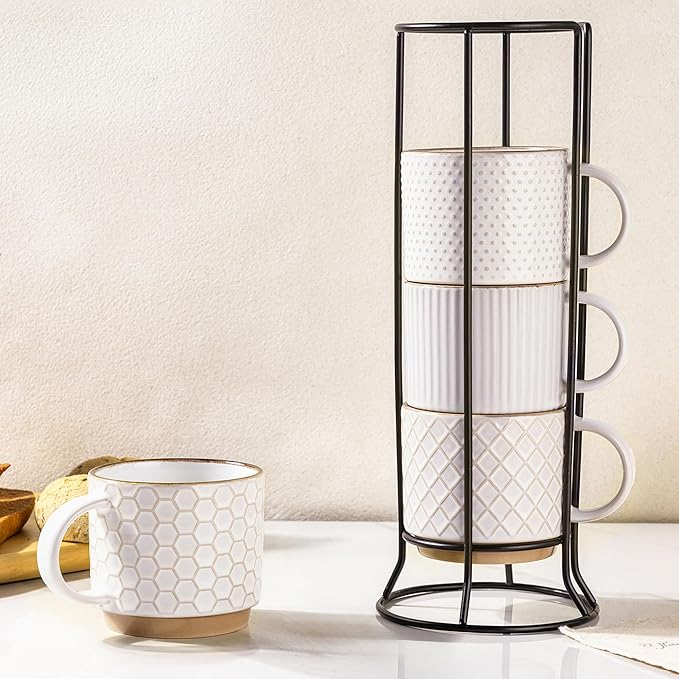 GBhome 12 OZ Stackable Coffee Mugs Set of 4, Ceramic White Coffee Cups Set | by GBhome
