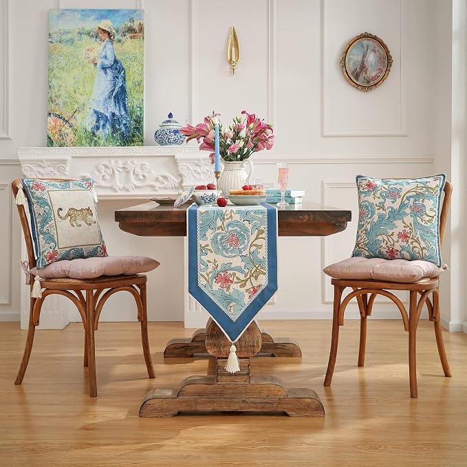 Patdrea Designer Vintage French Linen Table Runner, Elegant Blue Floral Pattern - Image 4