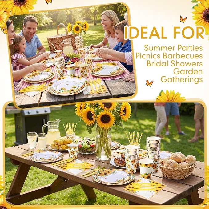 450 Pcs Sunflower Birthday Tableware Set Decorations, Serves 50 | Floral Paper - Image 4