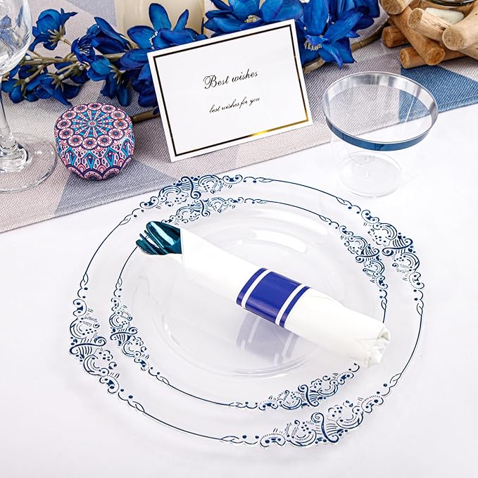 Hioasis 175pcs Clear and Blue Plates - Blue Party Plates for 25 Guest, Include 50 Heavy-duty Plates(20% Thicker Than Standard), 25 Pre Rolled Gold Plastic Silverware Set, 25 Cups