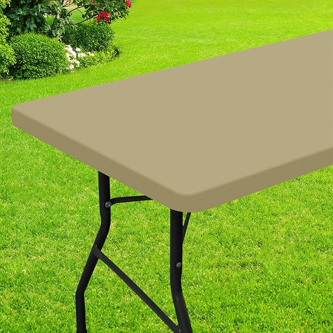 Smiry Rectangle Picnic Table Cloth, Waterproof Elastic Fitted Tablecloths for 6 Foot Tables, Washable Polyester Table Cover for Camping, Indoor and Outdoor (Taupe, 30"x72")