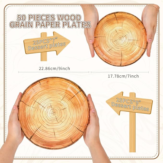 Tioncy 50 Pieces Wood Grain Paper Plates 7" 9" Rustic Wood Slice Plate Farmhouse Round Disposable Dinner Dish for Woodland Baby Shower Lumberjack Birthday Party Supplies