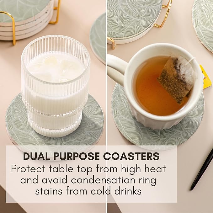 Ceramic Absorbent Coasters Set of 6 with Holder, Marble Drink Coasters for Coffee Table, Water-Absorbing Stone Coasters (Green Leaf Design)
