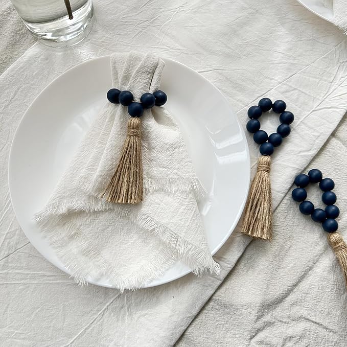 Napkin Rings Set of 12,Wooden Napkin Rings,Wood Bead Elastic Farmhouse Napkin Ring with Tassel,Boho Napkin Holder for Table Decor,Weeding,Dinner,Party(Navy Blue)
