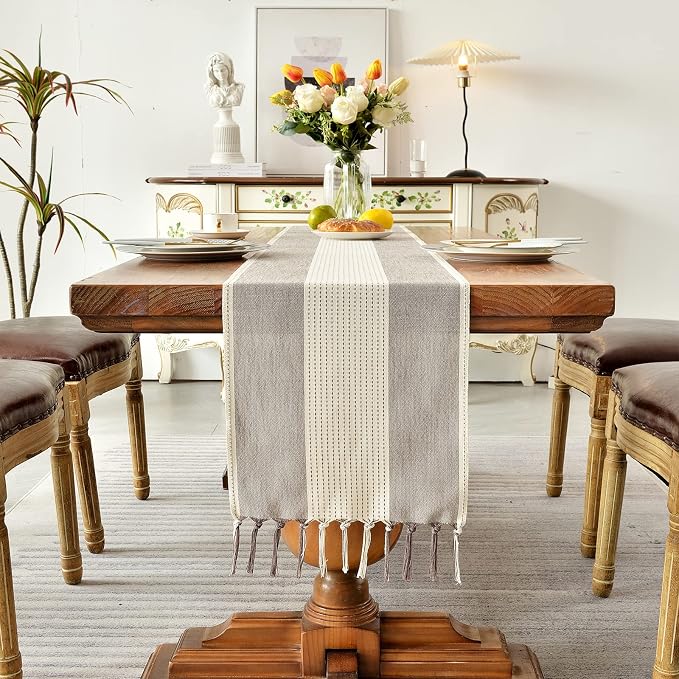 Wracra Linen Table Runner, Stripe Table Runners 48 Inches Long Coffee | - Image 4