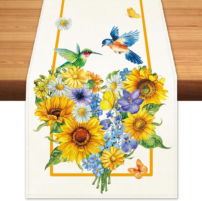 Summer Sunflowers Daisies Table Runner Birds Burlap Table Runners, Vibrant by BEAUTYROMANCEFORYOURLIFE