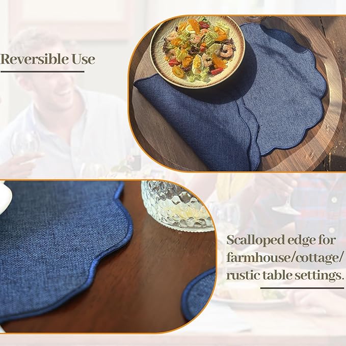 AHHFSMEI Round Faux Linen Placemats Set of 4 Waterproof Table Mats Heat Resistant Non-Slip and Stain Proof for Kitchen Dining Elegant Decor (Navy Blue,4)