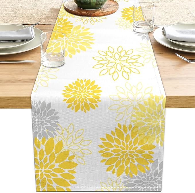 Dahlia Flower Table Runner 13x90 Inch Farmhouse Yellow Gray Runners Modern by LXXTK