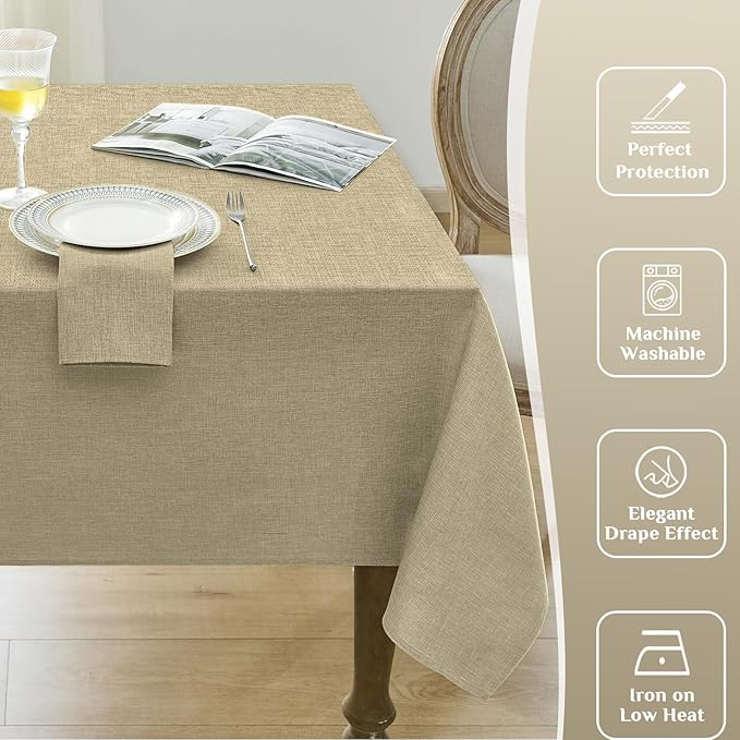 Softalker Large Rectangular Table Cloths 60x104 inch Khaki Faux Linen Tablecloth Outdoor Waterproof Stain and Wrinkle Resistant Table Cover for 6/8 Foot Rectangle Dining Tables for Party Graduation