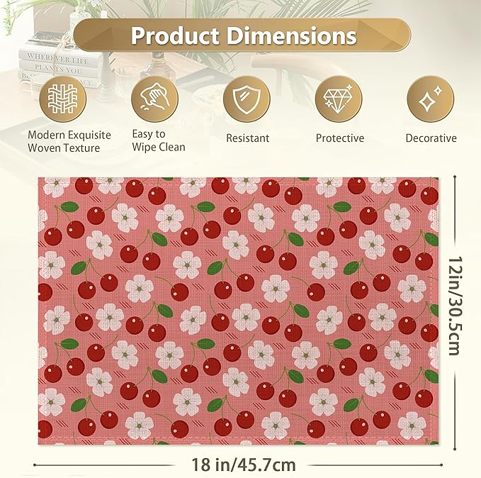 Cherry Berry Flowers Placemats Set of 6 Linen Washable, Heat-Resistant 12x18 Inch Table Place Mats for Kitchen Dining for Home Party Holidays