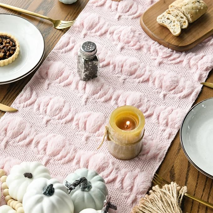 Artoid Mode Pink Soft Faux Fur Pumpkins Fall Table Runner 13x72 Inch | Seasonal - Image 4