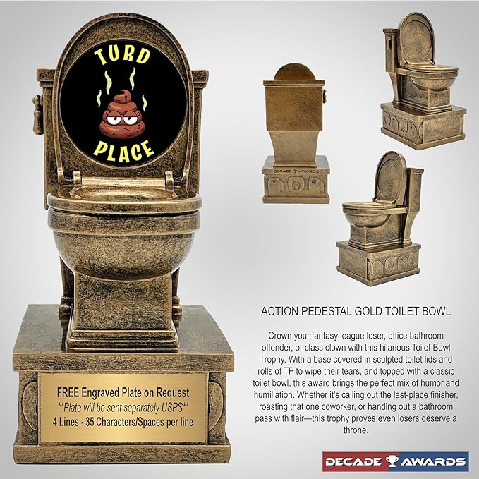 Decade Awards Action Pedestal Gold Toilet Bowl Trophy with Optional Inserts - Custom Engraved Plate On Request (7 Inch Tall)