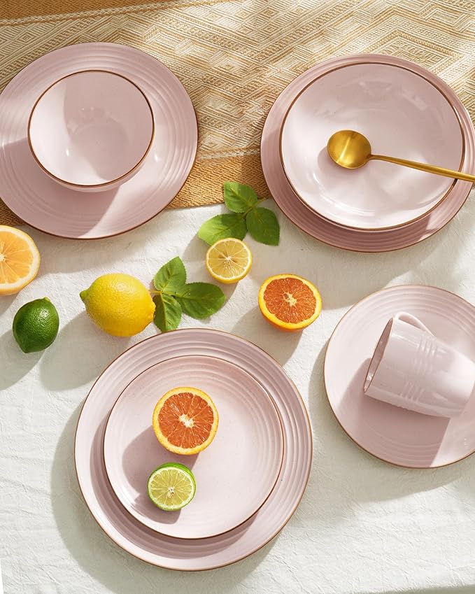 Famiware Jupiter Dinnerware Set, Plates and Bowls Dish Sets for 6 (18 Pieces), Microwave and Dishwasher Safe Stoneware Speckled Tableware, Chip and Scratch Resistant, Light Pink