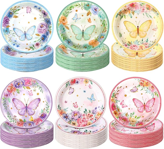 60 Pcs 7 Inch Butterfly Birthday Party Plates Floral Paper Plates Spring Butterfly Party Disposable Dinnerware Decoration for Baby Shower Bridal Wedding Supplies