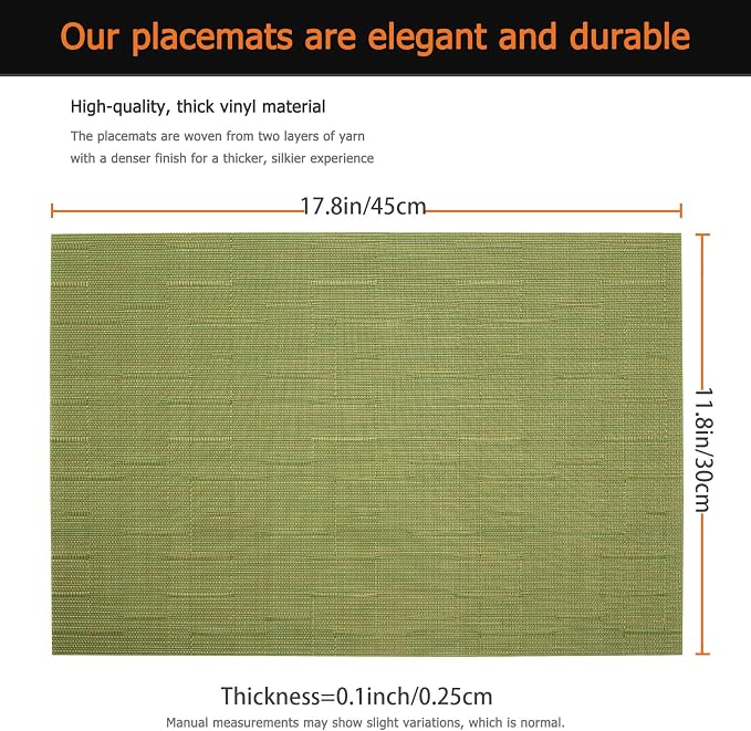 Green Vinyl Placemats Set of 12, Heat Resistant Table Placemats | 18x12 inch - Image 3