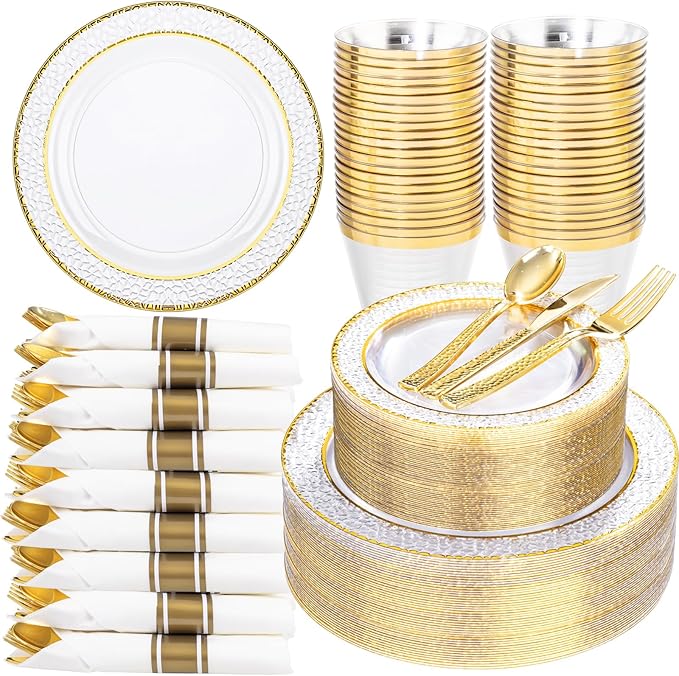Ciaell 350PCS Clear Plastic Plates with Gold Trim for 50 Guests,Includes 100 Plastic Plates, 50 Pre Rolled Napkins with Gold Silverware, 50 Cups, Disposable Dinnerware Set for Wedding & Party