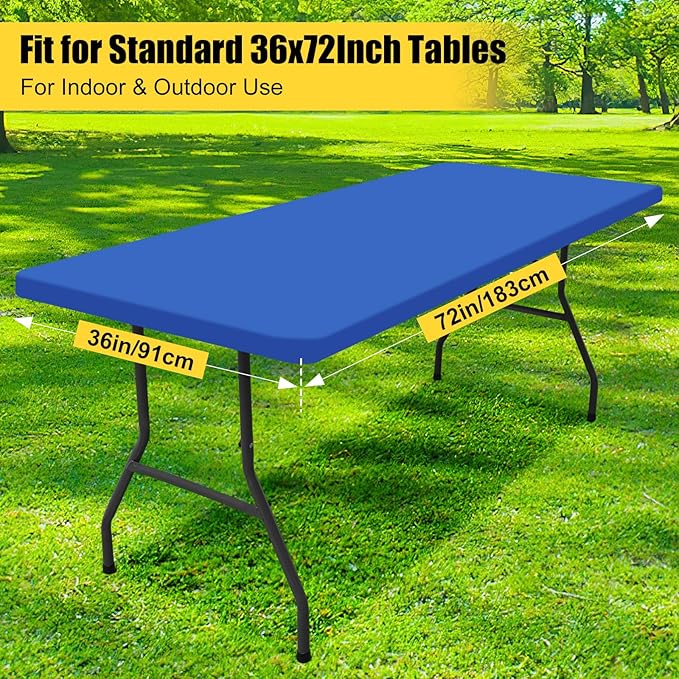 Smiry Rectangle Picnic Table Cloth, Waterproof Elastic Fitted Tablecloths for 6 Foot Tables, Washable Polyester Table Cover for Camping, Indoor and Outdoor (Blue, 36"x72")