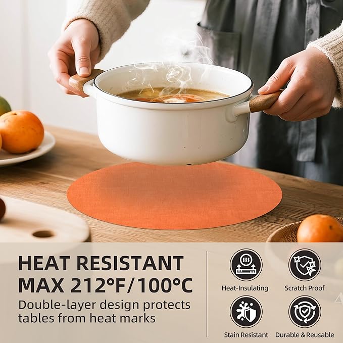15 inch Faux Leather Round Placemats Set of 6 Non-Slip Washable Wipeable Table Mats, Heat Resistant Waterproof Oilproof Orange Place Mats for Kitchen, Dining, Party, Indoor, Outdoor