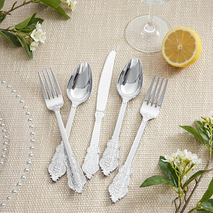 Silver Plastic Silverware Set Heavy Duty Vintage 120Guests Wedding | Embossed - Image 8