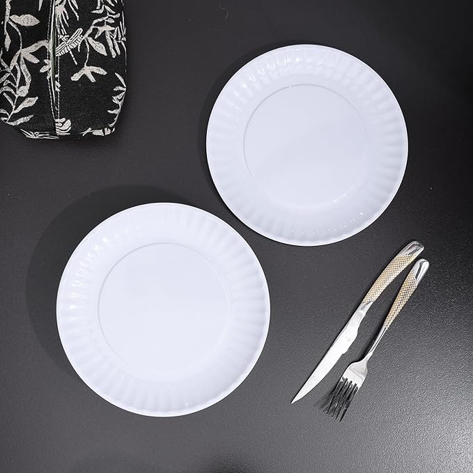 White Melamine Dinner Plates Set of 12, 9 Inch Lace Dish Set, Lightweight Round Tableware Plates, Scratch Resistant Kitchen Serving Dishes for Salad, Pasta, Dessert